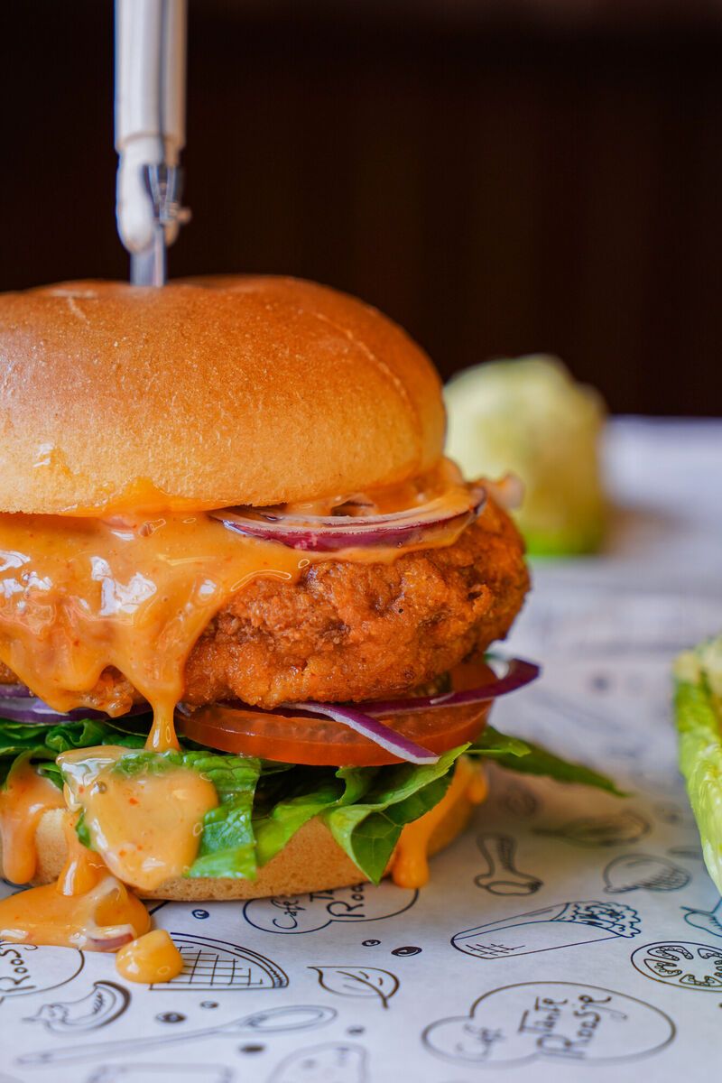 Chicken burger with honey-sriracha mayo